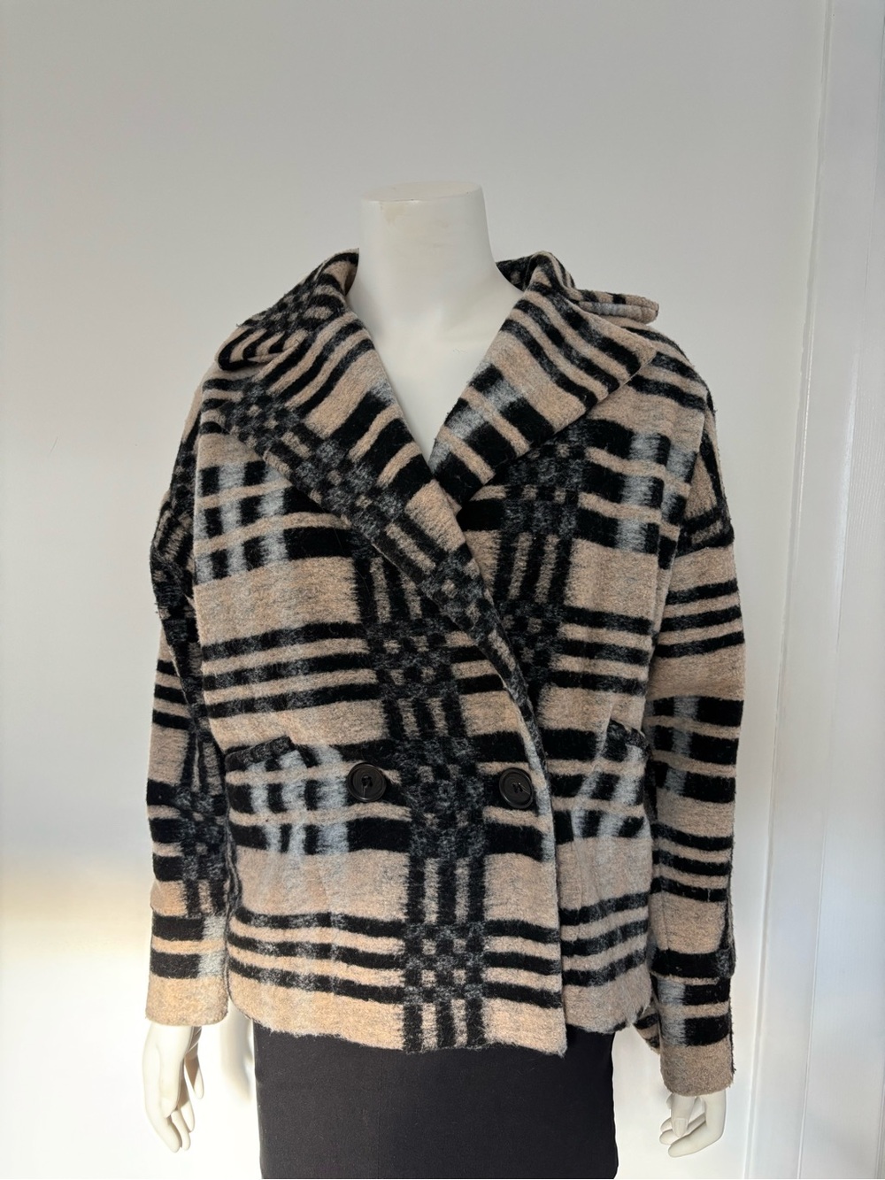 Forever 21 Beige and Black Plaid Double-Breasted Jacket